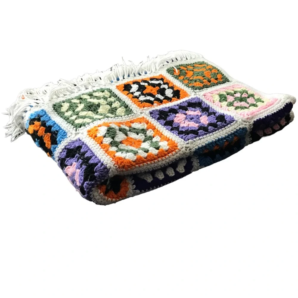 Vintage Granny Squares Afghan Throw Crocheted Multicolored One of a Kind Unique